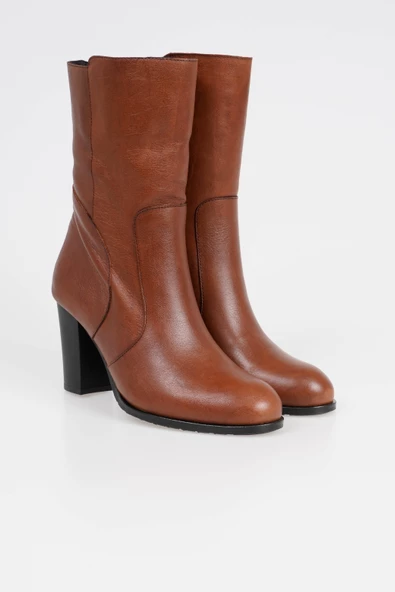 Hakiki Deri Kadın Topuklu Bot Dikiş Detaylı Fermuarsız - Resim 2