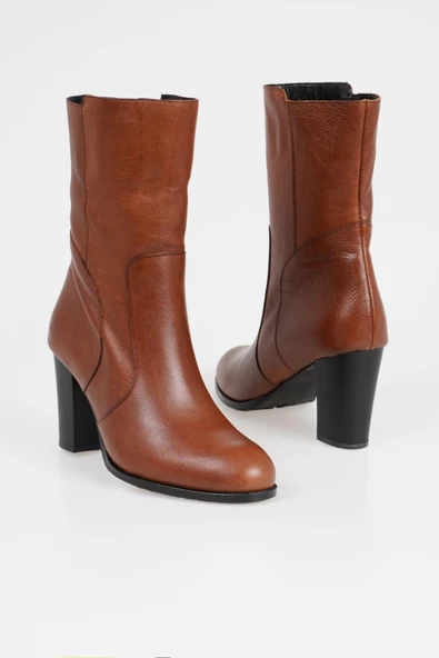 Hakiki Deri Kadın Topuklu Bot Dikiş Detaylı Fermuarsız - Resim 3