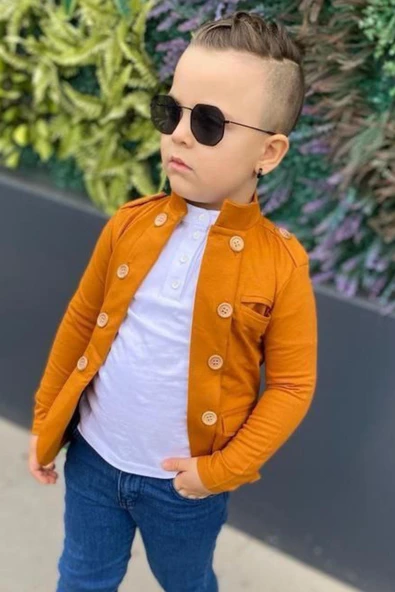 Erkek Çocuk Omzu ve Ceket Yakası Düğme Detaylı Cepli Blazer Ceketli Hardal Alt Üst Takım - 6