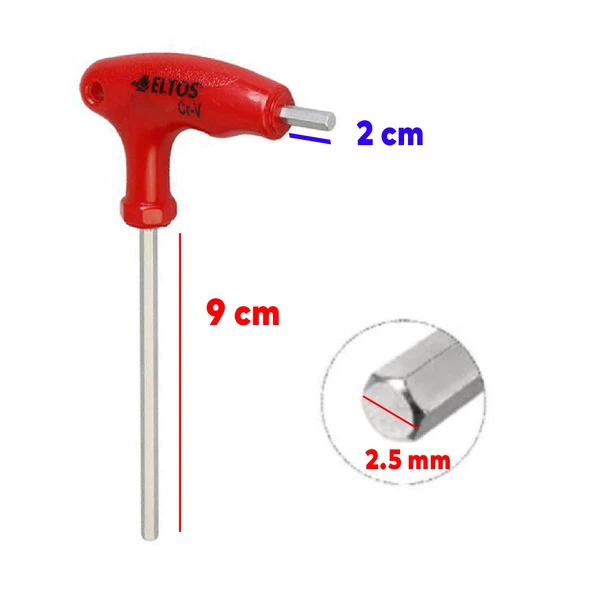 Eltos Allen Alyan 2 Uçlu T Tipi Anahtar altıgen Köşeli Somun Vida Sıkma Sökme 2.5 mm ETA025 - 2