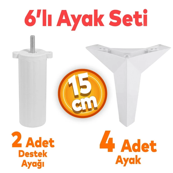 Kale 6'lı Set Mobilya Tv Ünitesi Koltuk Kanepe Destek Ayağı 15 Cm Beyaz Baza Ayakları M8 Civatalı