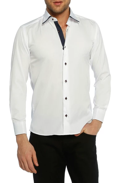 Micro Kumaş Kol Düğmeli Slim Fit Beyaz Erkek Gömlek - 200-1 Lacivert Kombinli