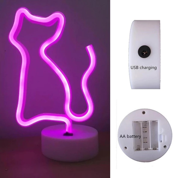 Neon Led Işıklı Pembe Kedi Masa Lambası  - 2