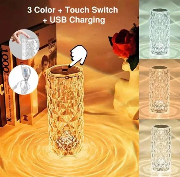 Şarjlı Dokunmatik LED Kristal Diamond Elmas Ambiyans Romantik Gül Masa Lambası 3 Renkli - 4