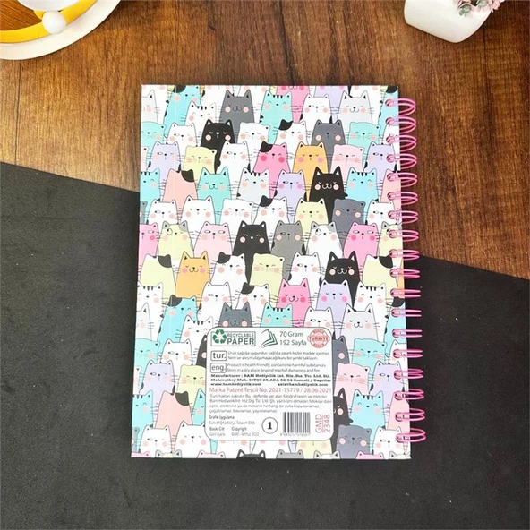 Sevimli Kedi Tasarımlı Çizgili Spiralli Defter - 2
