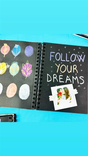 Badem Çiçeği Tasarımlı 23x16Cm Siyah Yaprak Sketch Book - Eskiz Defteri - 2