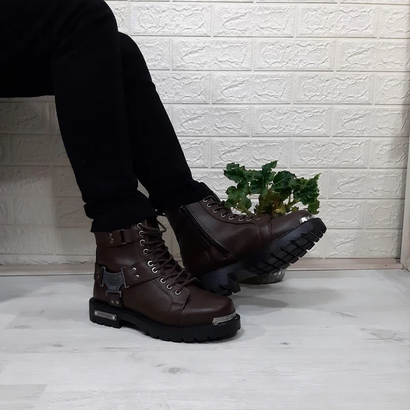 Conteyner 536 Kahverengi Fermuarlı Bağacaklı Erkek Motorcu Bot - 2