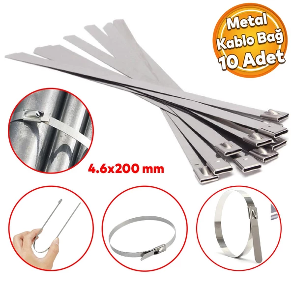 Cırt Kelepçe Metal Paslanmaz Çelik Kablo Zip Bağı Çok Amaçlı Bağlama 4.6x200 10 Adet