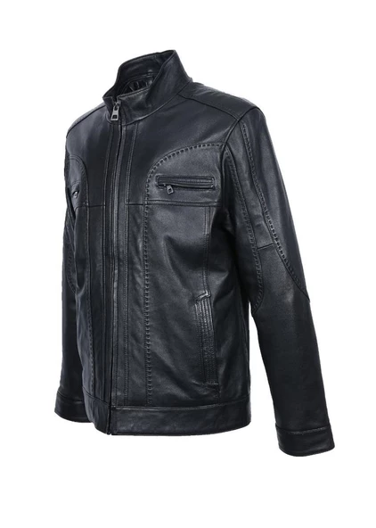 Deri Kapüşonlu Punto Dikişli Detaylı Erkek Deri Mont - 2