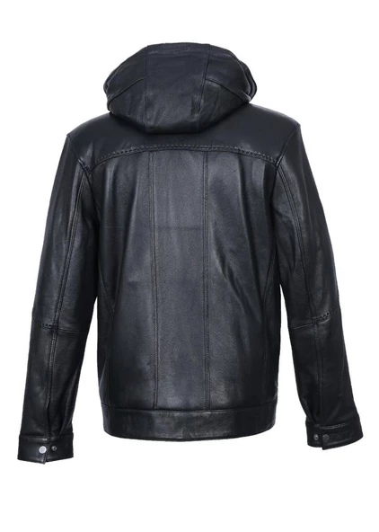 Deri Kapüşonlu Punto Dikişli Detaylı Erkek Deri Mont - 10