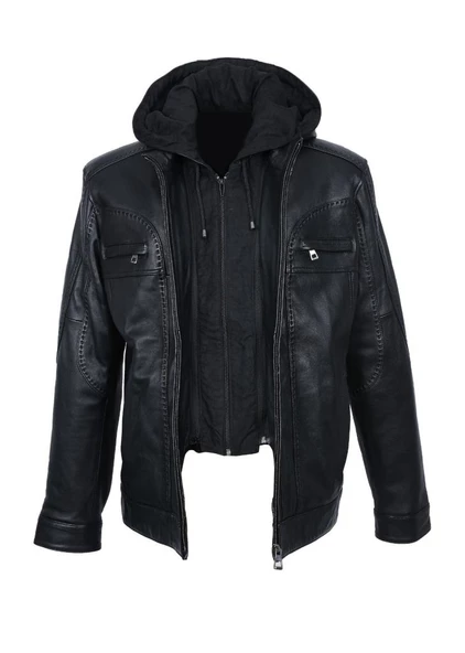 Deri Kapüşonlu Punto Dikişli Detaylı Erkek Deri Mont - 3