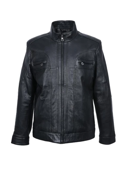 Deri Kapüşonlu Punto Dikişli Detaylı Erkek Deri Mont - 4