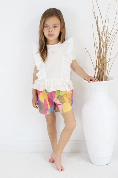 Fistolu Kelebek Motif Şortlu Pamuk Dokuma Kız Çocuk Takım TF7352 ürün görseli 1