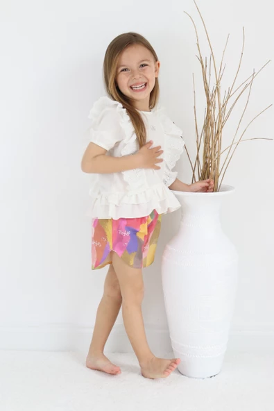 Fistolu Kelebek Motif Şortlu Pamuk Dokuma Kız Çocuk Takım TF7352 - Resim 2