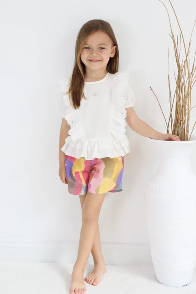 Fistolu Kelebek Motif Şortlu Pamuk Dokuma Kız Çocuk Takım TF7352 - Resim 3