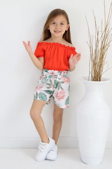 Palmiye Desen Müslin Kumaş Şortlu Kız Çocuk Takım TF7355 - 4