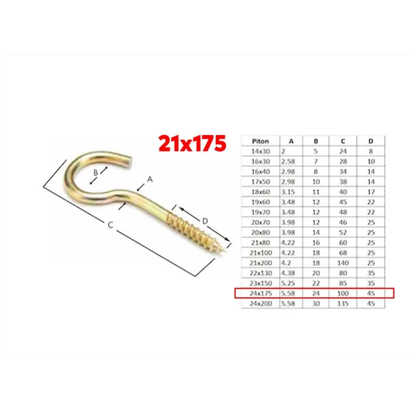 Metal Piton Vidalı Gerdirme 21x175 Çekme Kaldırma Tavan Açık Ağız Kancalı Avize Asma Kiti 5 Adet - 2
