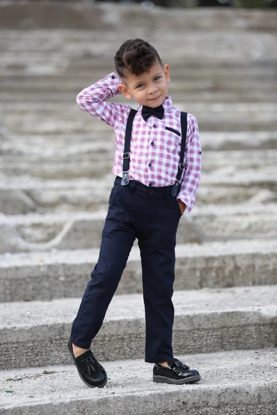 Ekose Desen Gabardin Pantolon Askılı Çocuk Takım MNK0436 - 5