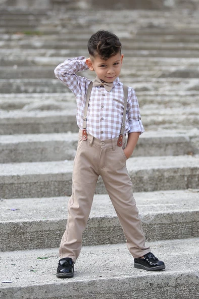 Ekose Desen Gabardin Pantolon Askılı Çocuk Takım MNK0436 - 6