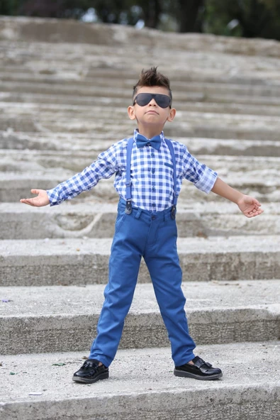 Ekose Desen Gabardin Pantolon Askılı Çocuk Takım MNK0436 - 2