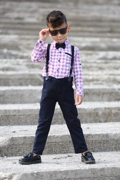 Ekose Desen Gabardin Pantolon Askılı Çocuk Takım MNK0436 - 8