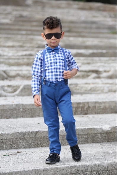 Ekose Desen Gabardin Pantolon Askılı Çocuk Takım MNK0436 - 7