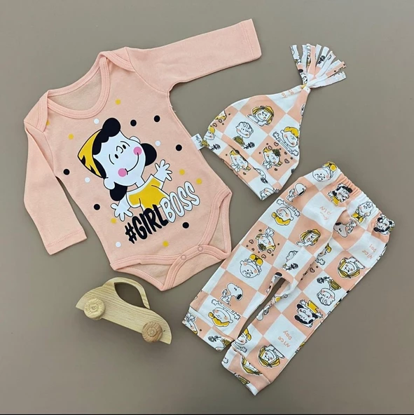 Penye Kukuleta Şapkalı Badili 3lü Bebek Takımı Mnk0371 ürün görseli 1