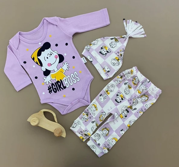 Penye Kukuleta Şapkalı Badili 3lü Bebek Takımı Mnk0371 - Resim 2