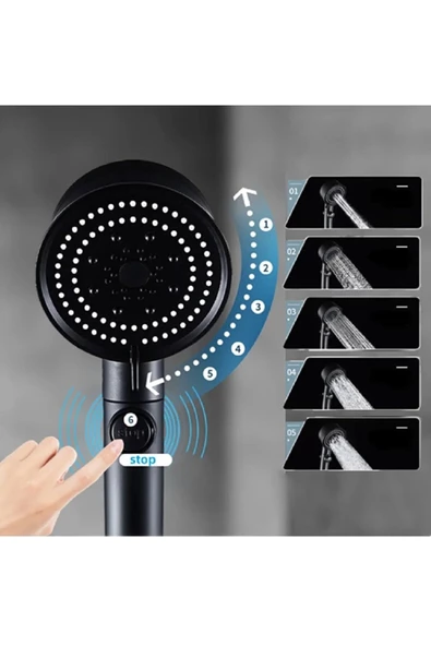 Turbo Siyah Duş Başlığı Stop Tuşlu 150 Cm uSiyah Duş Hortumu Siyah Turbo Hortum - 6