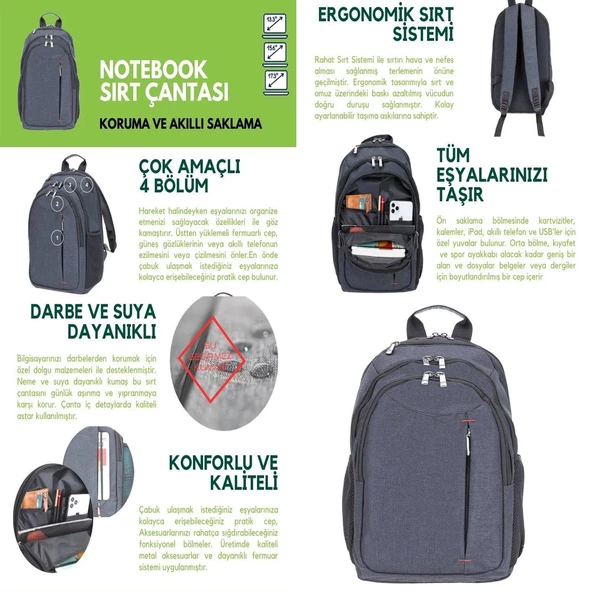 Su Geçirmez Günlük Okul Sırt Çantası Notebook Laptop Bölmeli Tablet Evrak Çanta Kadın Erkek 15.6 İnç - 2