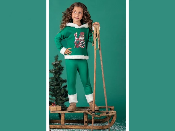 Unisex Çocuk Yılbaşı Christmas Noel Temalı Elf Model Kapüşonlu 3 İp Şardonlu 2 Parça Alt Üst Takım - 2
