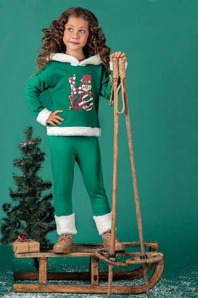 Unisex Çocuk Yılbaşı Christmas Noel Temalı Elf Model Kapüşonlu 3 İp Şardonlu 2 Parça Alt Üst Takım