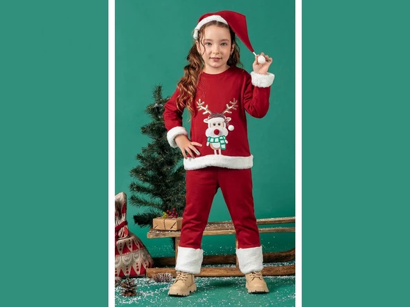 Unisex Çocuk Yılbaşı Christmas Noel Temalı Geyik Model Kapüşonlu 3 İp Şardonlu 3 Parça Alt Üst Takım - 2