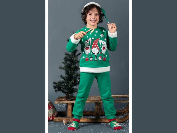Unisex Çocuk Yılbaşı Christmas Noel Temalı 3 Cüce Kapüşonlu 3 İp Şardonlu 3 Parça Alt Üst Takım - 2