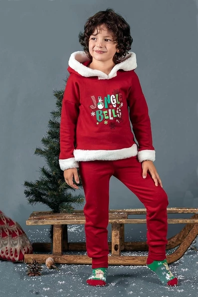 Unisex Çocuk Yılbaşı Christmas Noel Temalı Jingle Bells Model Kapüşonlu 3 İp Şardonlu 2 Parça Alt Üst Takım