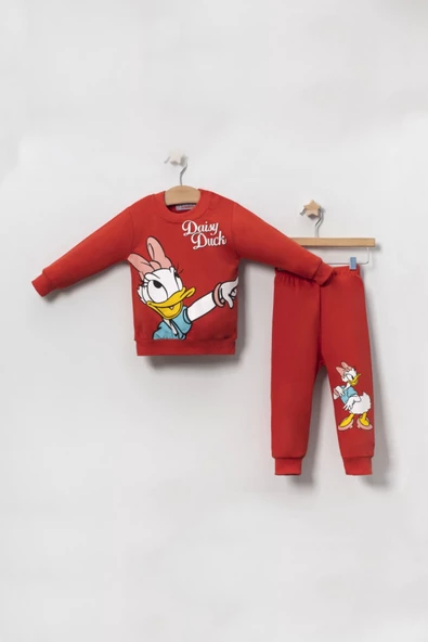 Kız Bebek Daisy Duck Baskılı 3 İplik Şardonsuz Mevsimlik Sweat ve Eşofman Alt Üst Takım