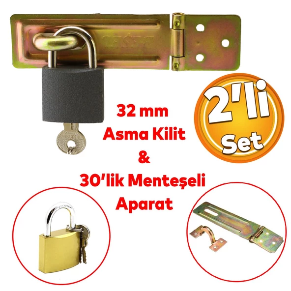 Sandık Kutu Askısı 30 Luk Menteşeli Kilit Aparatı Tosba Kilit 32 mm Asma Kilit 2'li Set