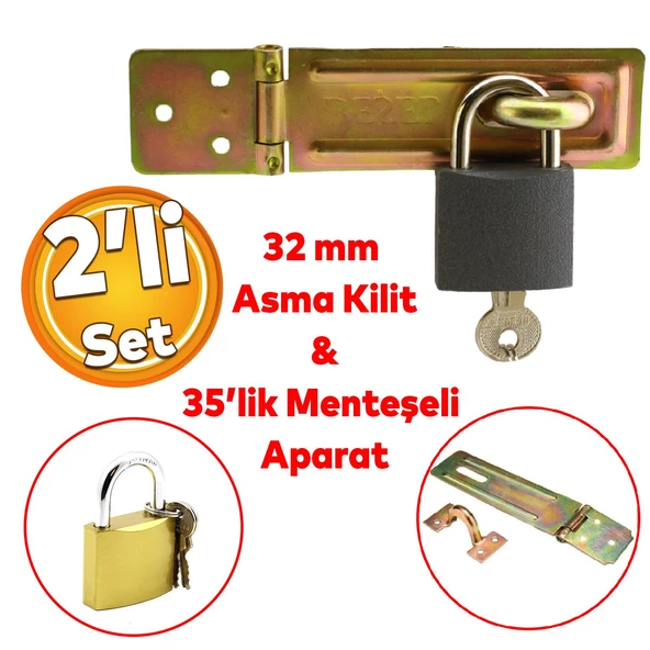 Sandık Kutu Askısı 35 Luk Menteşeli Kilit Aparatı Tosba Kilit 32 mm Asma Kilit 2'li Set