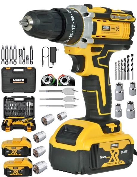Mager 58 Wat Çift Akülü Çantalı Led Işıklı Şarjlı Vidalama Darbeli Matkap