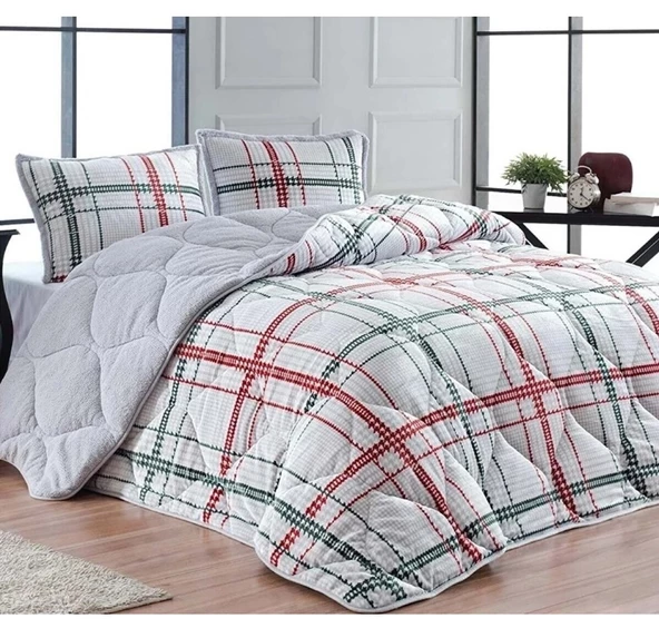 Merinos Comforter Set, Çift Kişilik Yorgan Seti (220x240)-Elba Gri Kırmızı