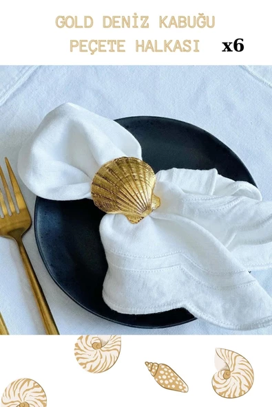 6 Adet Gold Deniz Kabuğu Metal Peçete Halkası  - Napkin Ring