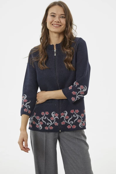 Çiçek Desen Detaylı Yünlü Triko Hırka - Lacivert - Resim 3