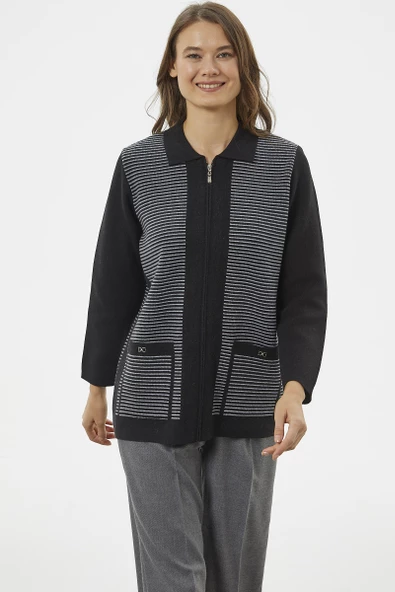 Kalın Fermuarlı Cep Detaylı Triko Hırka - Siyah - Resim 2