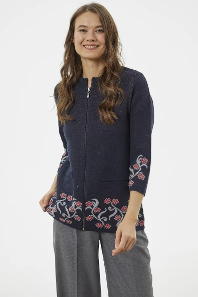 Çiçek Desen Detaylı Yünlü Triko Hırka - Lacivert - Resim 4