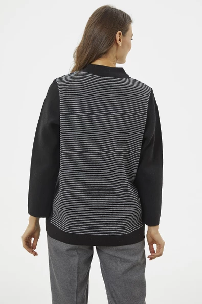 Kalın Fermuarlı Cep Detaylı Triko Hırka - Siyah - Resim 4