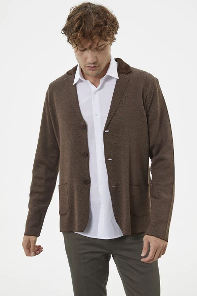 Klasik Cep Detaylı Triko Ceket - Kahve - 4