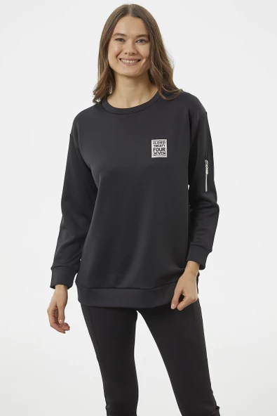 Fermuarlı Rahat Kalıp Sweatshirt - Siyah - Resim 2