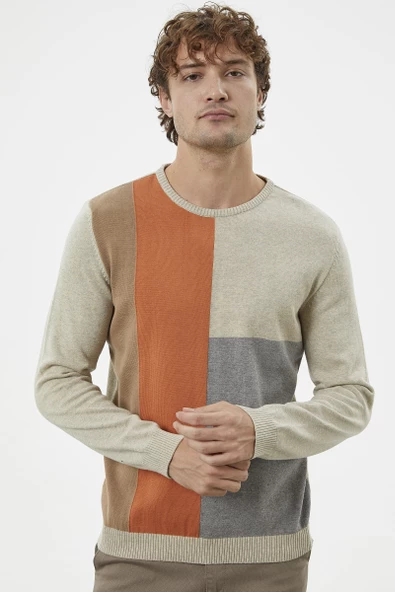 Çok Renkli Blok Desen Triko Kazak - Krem