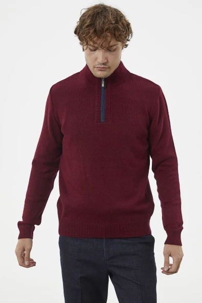 Dik Yaka Fermuarlı Triko Kazak - Bordo - 3