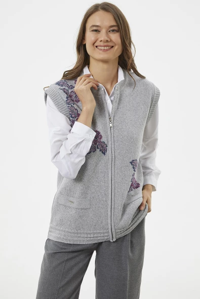 Fermuarlı Çiçek Motifli Triko Yelek - Gri - Resim 2